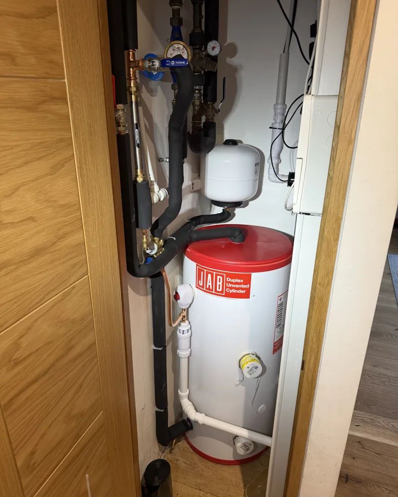 JAB Duplex unvented hot water cylinder and expansion vessel installed by TrustNico in Clapham